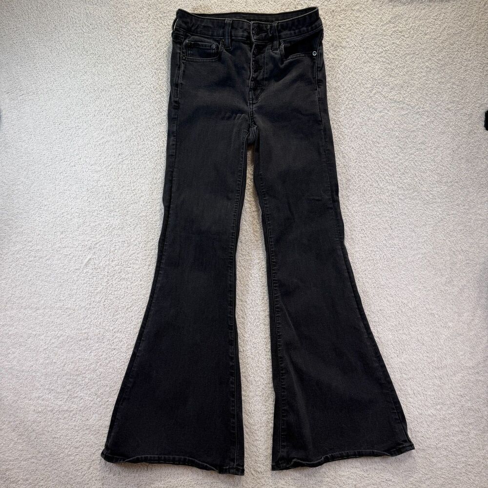 American Eagle Jeans Womens 10R Flared Button Fly High Rise Denim Stretch Black